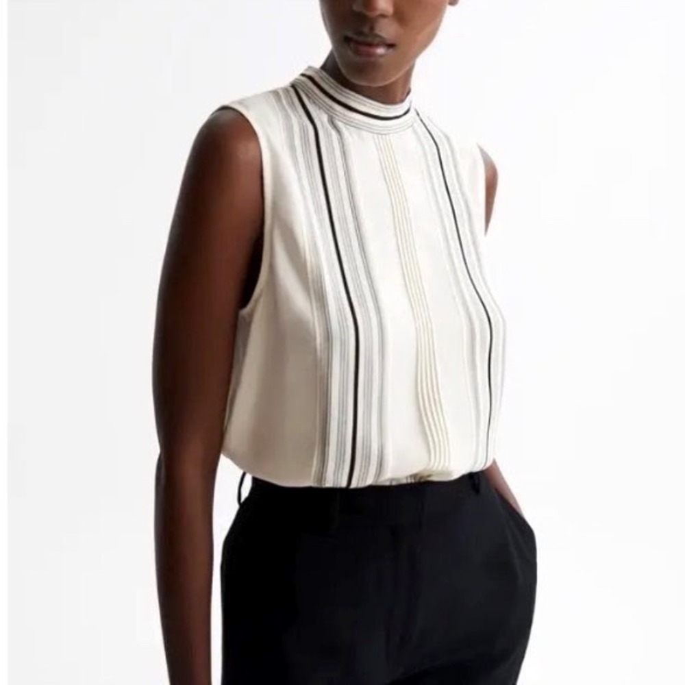 Reiss Blouse Mollie Sheer Striped Pleated Top Sleeveless Ivory Size 8 NEW
